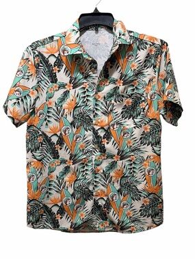 Buc-ees Mens Small Multicolor Hawaiian Floral Stretch Performance Button Shirt